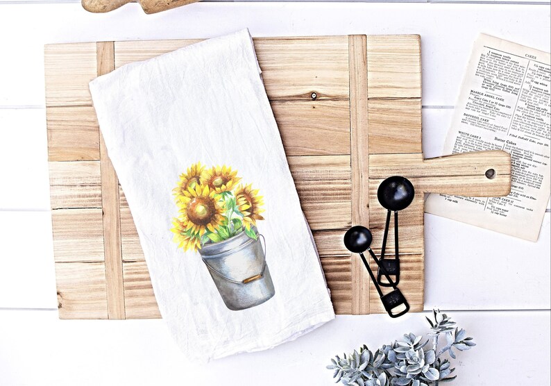 Gift under 30 housewarming gift Fall tea towel Sunflowers in metal pail bucket Kitchen cotton flour sack tea towel Farmhouse Decor