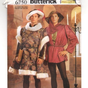 May include: A vintage sewing pattern for two Renaissance-era costumes. The pattern is from Butterick and is number 6750. The pattern includes instructions for making a long, patterned tunic with a fur collar and a shorter, red tunic with a sash.