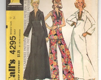 McCall's 4295 1970s Empire Waist Maxi Dress Tunic Top Pants Boho Sewing Pattern UNCUT Bust 34
