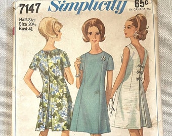 Simplicity 7147 1960s Half Size Dress Deep V Back Sewing Pattern UNCUT Size 20.5 Bust 41