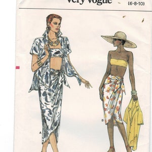 Vogue 9298 1980s Bandeau Bra Top Sarong Skirt and Shirt Sewing Pattern Uncut Size 6 8 10 Beachwear