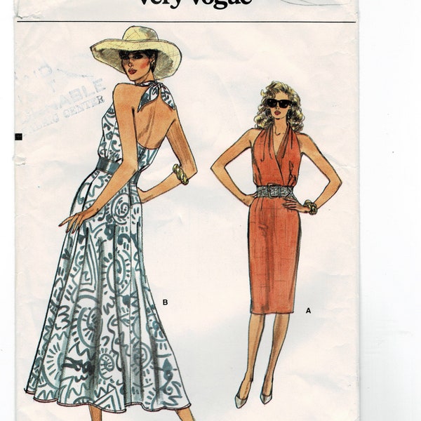 Vogue 9828 Fit and Flare Halter Sun Dress Vintage 1980s Sewing Pattern Complete Size 12 14