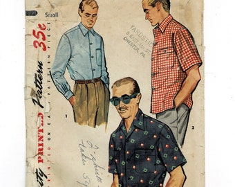 Simplicity 4981 1950s Men's Sports Shirt Sewing Pattern Cut Complete Size Small Chest 34-36