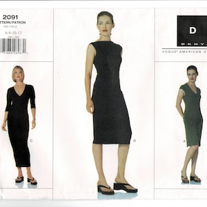 Vogue 2091 DKNY BodyCon Dress Sewing Pattern for Stretch Knits UNCUT Size 6 8 10 12 Close Fitting Donna Karan New York Vintage 1990s
