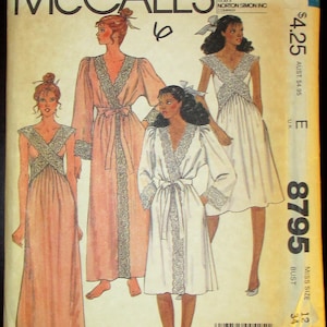 McCall&#39;s 8795 Bill Tice Vintage 1980s Sleepwear Robe and Lacy Nightgown Sewing Pattern Size 8 B31.5