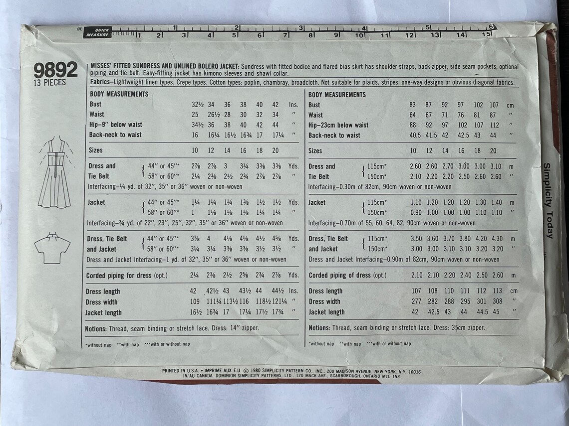 Simplicity 9892 1980 Fitted Sundress and Bolero Jacket Sewing Pattern ...
