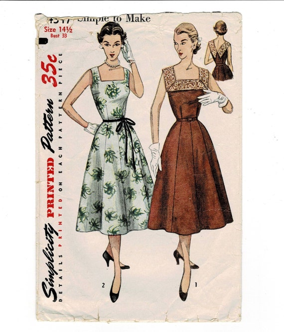 Simplicity 4347 1950s Square Neck Dress Fitted Bodice Gored Skirt Sewing  Pattern Bust 33 Vintage Sleeveless - Etsy