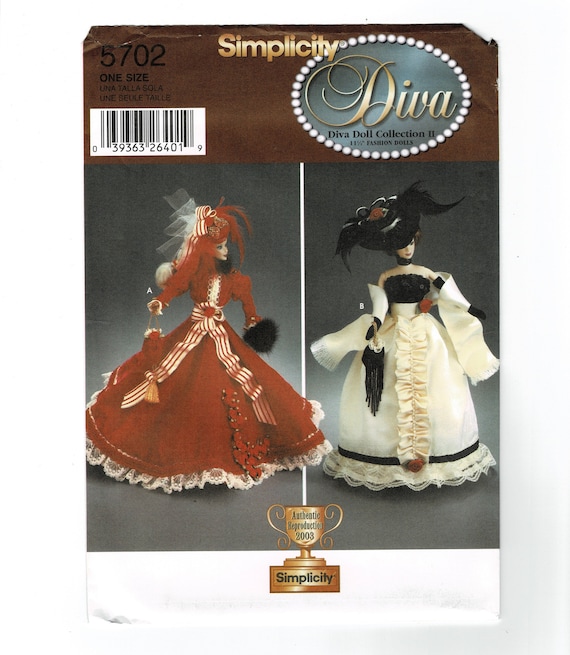 Simplicity 5702 Diva Doll Collection Fashion Doll Clothes Sewing Pattern  UNCUT 11 1/2 Inch Barbie Historical Clothing 
