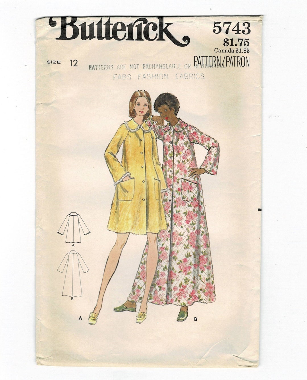 Butterick 5743 1970s A Line Robe Sewing Pattern Size 12 Bust 34 Button ...