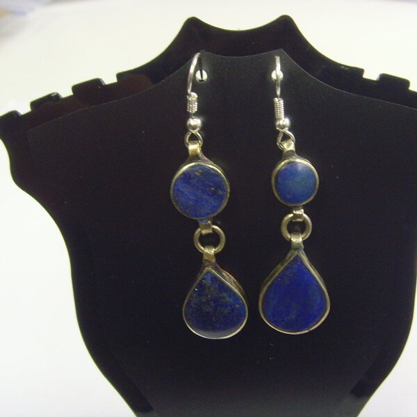 1 pair Vintage Logar tribal Lapis lazuli drop circle earrings belly dance larp ats central asia et1160