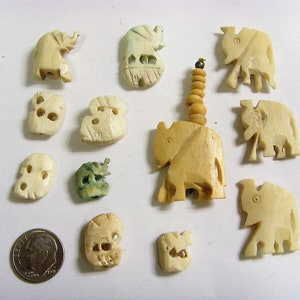 Elephant carved bone antique 12 beads shamanic Wicca sculpture arts crafts jewelry components e1530