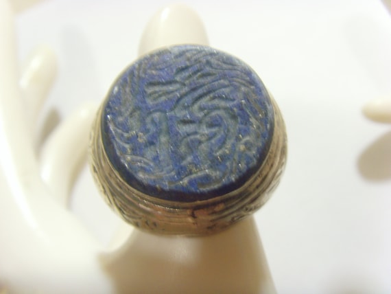 turkmen tribal silver Lapis lazuli engraved intag… - image 1