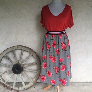 Long summer skirt woman elastic waist printed red flowers on blue and white stripes background