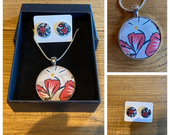 Adornment necklace necklace sautoir medallion and earring in floral fabric, gift idea woman