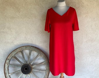 Red trapeze dress with V-neckline butterfly sleeves, summer dress