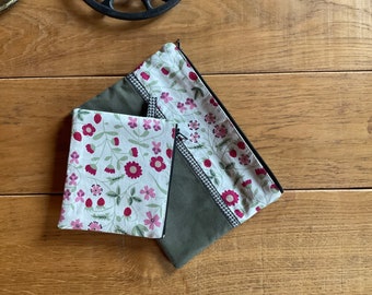 Ensemble de 2 pochettes en tissu à fleurs roses sur fond beige (ruban pied de poule)