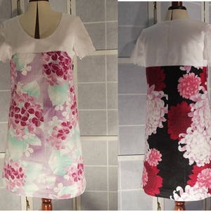 Size 40 linen dress (UK 12, US 10), white trapeze dress with pink and black flowers with short sleeves, dress dress, ceremonial dress