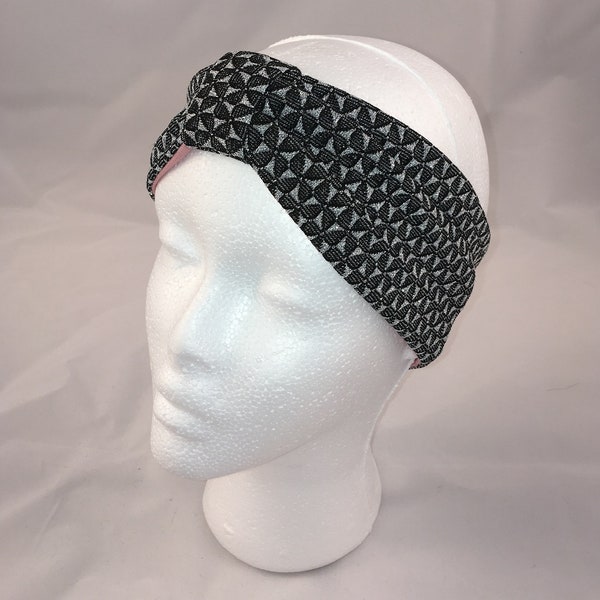 Bandeau, Turban, Headband en jersey motifs géométriques couleur argent sur fond noir, doublés en jersey coton rose