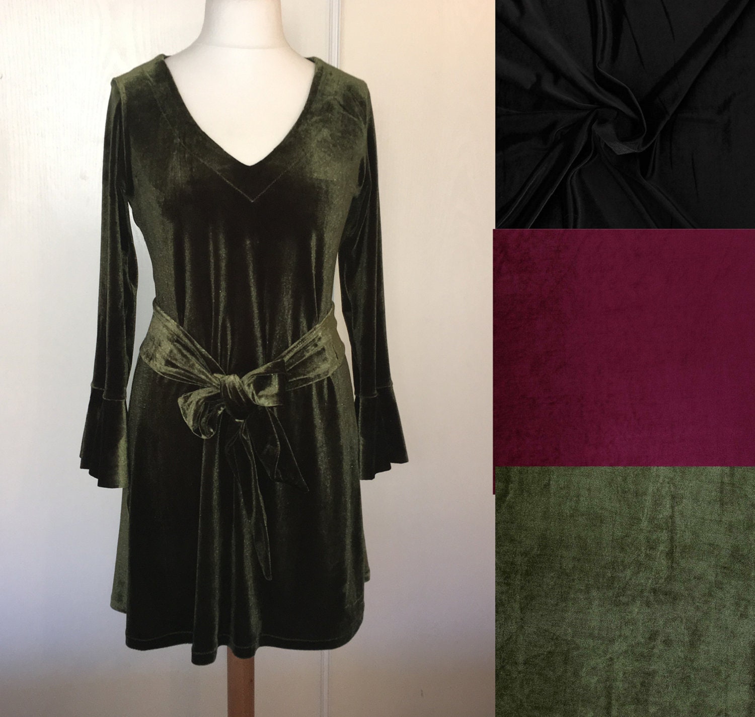 Velvet jersey trapeze dress V neckline 