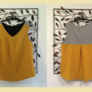 Top, tunic, women&#39;s tank top, loose and fluid, V-neck, yellow and black