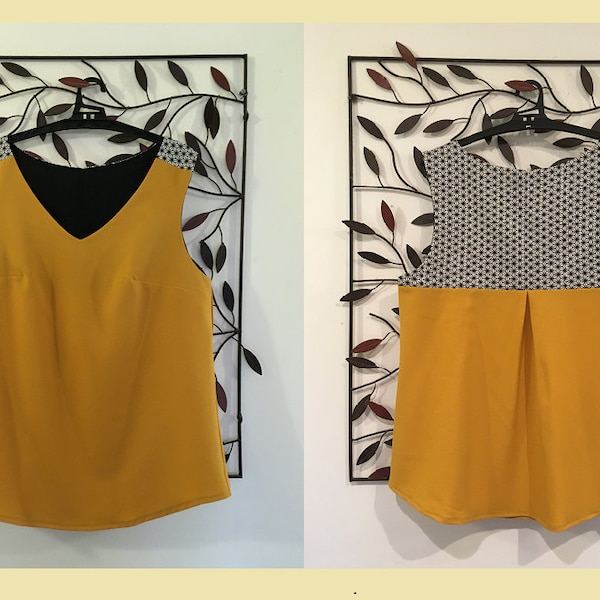 Top, tunique, débardeur femme, ample et fluide, encolure en V,  de couleur jaune et noir