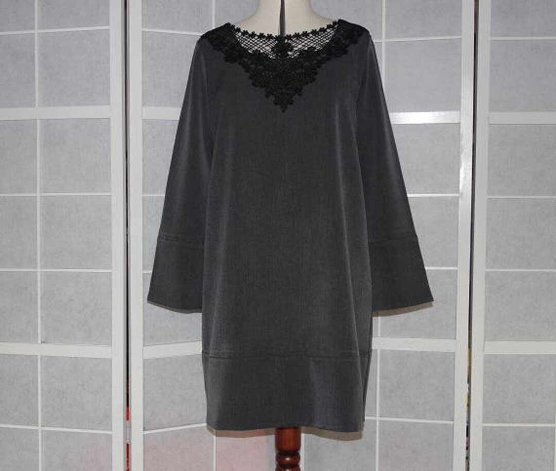 Dark grey straight dress with Black lace applique and long sleeves Dark grey straight dress with Black lace applique and long sleeves
