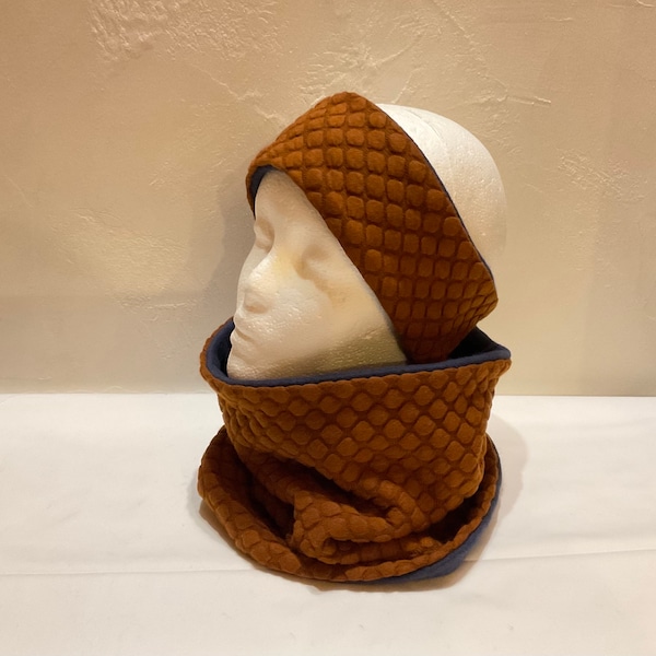 Snood femme et headband, accessoires chic dans les tons terracotta et bleu marine