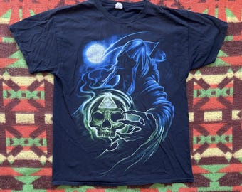 Vintage Grim Reaper Free Mason Skull Moon Black T Shirt Large