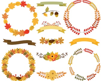 Autumn flower clipart, Fall wreath clipart, Fall leaves frame, Wreath leaf clip art, Autumn bouquet clip art, Thanksgiving wreath clipart,