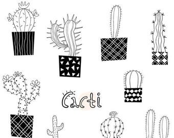 Cute cactus clipart set, Black and white cacti pot clip art plant, Abstract succulent clipart, Hand drawn doodle cactus clip art, desert