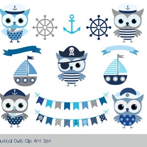 Süße nautischen Clipart Eule, Sailor Eule Pirat Clipart junge nautischen ClipArt graublau nautischen Ammer Clipart nautische Baby-Dusche-Clip-art