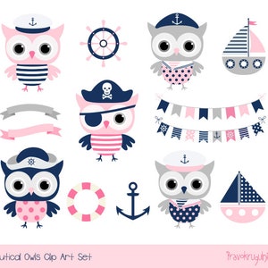 Rosa nautischen Clipart Eule, Sailor Eule Clipart Piraten, nette nautischen Clip Kunst blau grau nautischen Ammer Clipart nautische Baby Dusche clipart