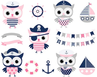 Pink nautical clipart owl, Sailor owl clipart pirate, Cute nautical clip art Blue gray nautical bunting clipart Nautical baby shower clipart