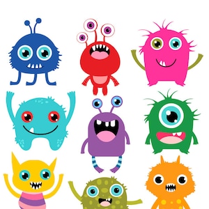 Puede incluir: Nueve monstruos de dibujos animados coloridos con diferentes características, que incluyen múltiples ojos, dientes y pelaje. Los monstruos están en varias poses y expresiones, incluyendo sonriendo, frunciendo el ceño y sorprendidos. El fondo es blanco.