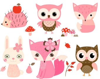 Pink Woodland Animal Clipart, Cute Forest Animal Clipart Woodland Baby Clipart Woodland Baby Shower Clipart Fox Clip Art Bunny Hedgehog Owl