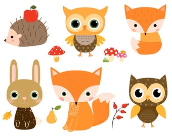 Woodland Animal Clipart Set, Cute Forest Animal Clipart Woodland Baby Clipart Woodland Baby Shower Clipart Fox Clip Art Bunny Hedgehog Owl