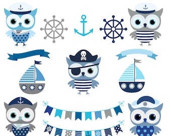 Cute nautical clipart owl, Sailor owl pirate clipart  Boy nautical clip art Grey blue nautical bunting clipart Nautical baby shower clip art
