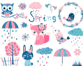 Cute spring animal clipart set, Kawaii spring clip art, Blue owl clipart, rain cloud flower wreath tree owl bunny singing bird note pink