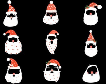 Hipster Santa face clipart set, Santa mask clip art, Digital Santa Claus Mustache hat beard, Christmas digital photo booth props holiday