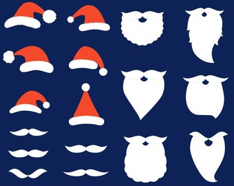 Santa hat and beard clipart set, Santa hat clip art, Digital Santa Claus Mustaches, Christmas digital photo booth props party holiday png