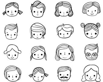 Hand Drawn Faces Clip Art, Doodle Outline Face Clipart, Black and White Cute Head Drawings Set, Fun Icon or Avatar Sketches, Hipster Men