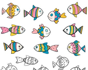 Cute fish clipart set, Hand drawn fish clip art, Colorful fish digital download, Sea life clipart ocean, Sea animal clipart, Doodle clipart