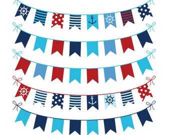 Nautical bunting clipart red blue, Nautical banner clip art, Navy digital bunting marine theme, Boy birthday party pennant flag border set