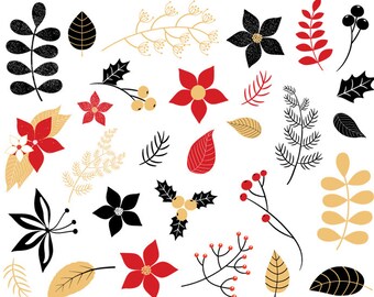 Christmas flower clipart, Christmas foliage clipart, Holiday floral clip art, Cute winter floral clip art, pine branch leaf plant greenery