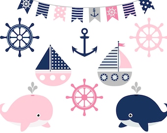 Girl nautical clipart, Sea party clipart, Navy pink nautical clipart, Summer kids party clipart, Pink grey nautical clip art, Pink whales