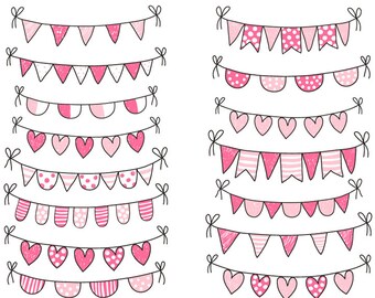 Valentine bunting clipart, Love bunting clip art, Cute hand drawn doodle heart bunting clipart, Pennant banner clip art baby shower pink