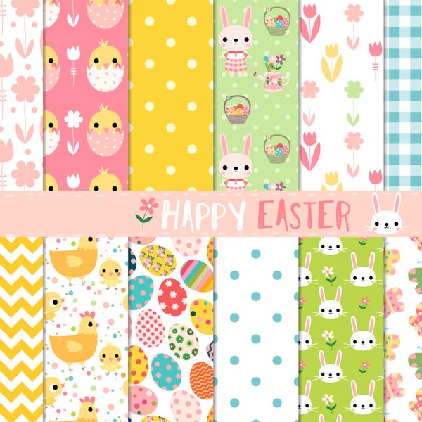 Easter digital paper, Printable digital scrapbook paper, Cute digital paper pack, seamless pattern commercial use, eggs, bunny, hen, spring