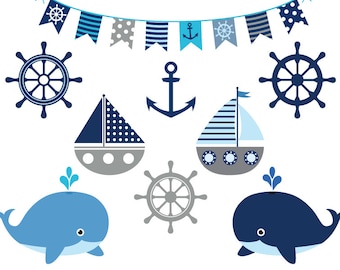Grey nautical clipart, Nautical clip art set, Cute sailing clipart, Nautical printable graphic, Gray navy clipart, Sea bunting clipart