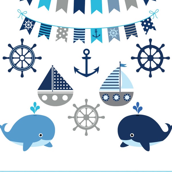 Grey nautical clipart, Nautical clip art set, Cute sailing clipart, Nautical printable graphic, Gray navy clipart, Sea bunting clipart