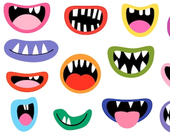 Monster mouths clipart set Funny face element Silly alien teeth clip art Ugly Halloween lips Party decoration Photo booth props Scrapbooking